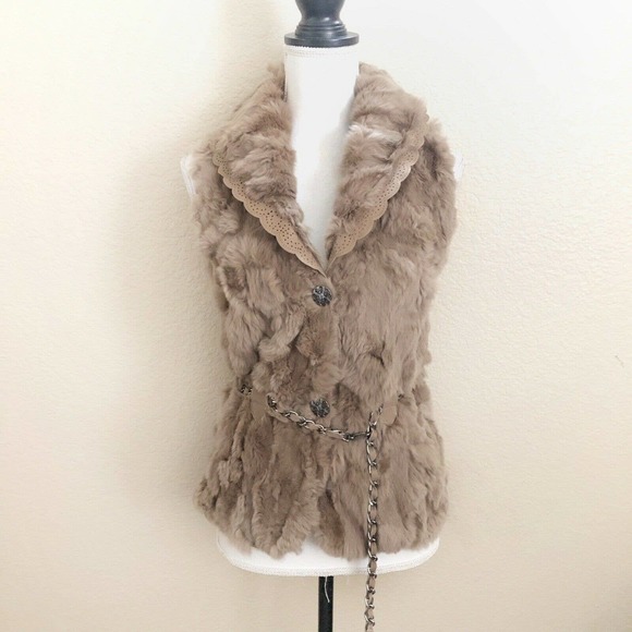 Love Token Jackets & Blazers - Love Token Natural Rabbit Fur Vest Taupe Sz XS Chain Belt Faux Suede Buttoned
